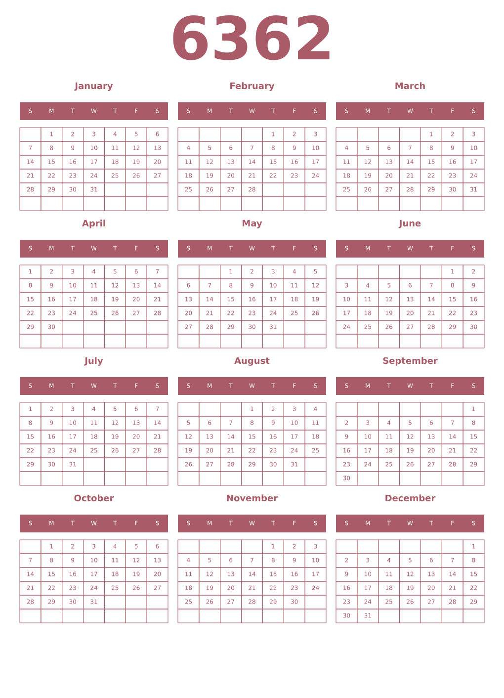 Printable 6362 Year Calendars puce