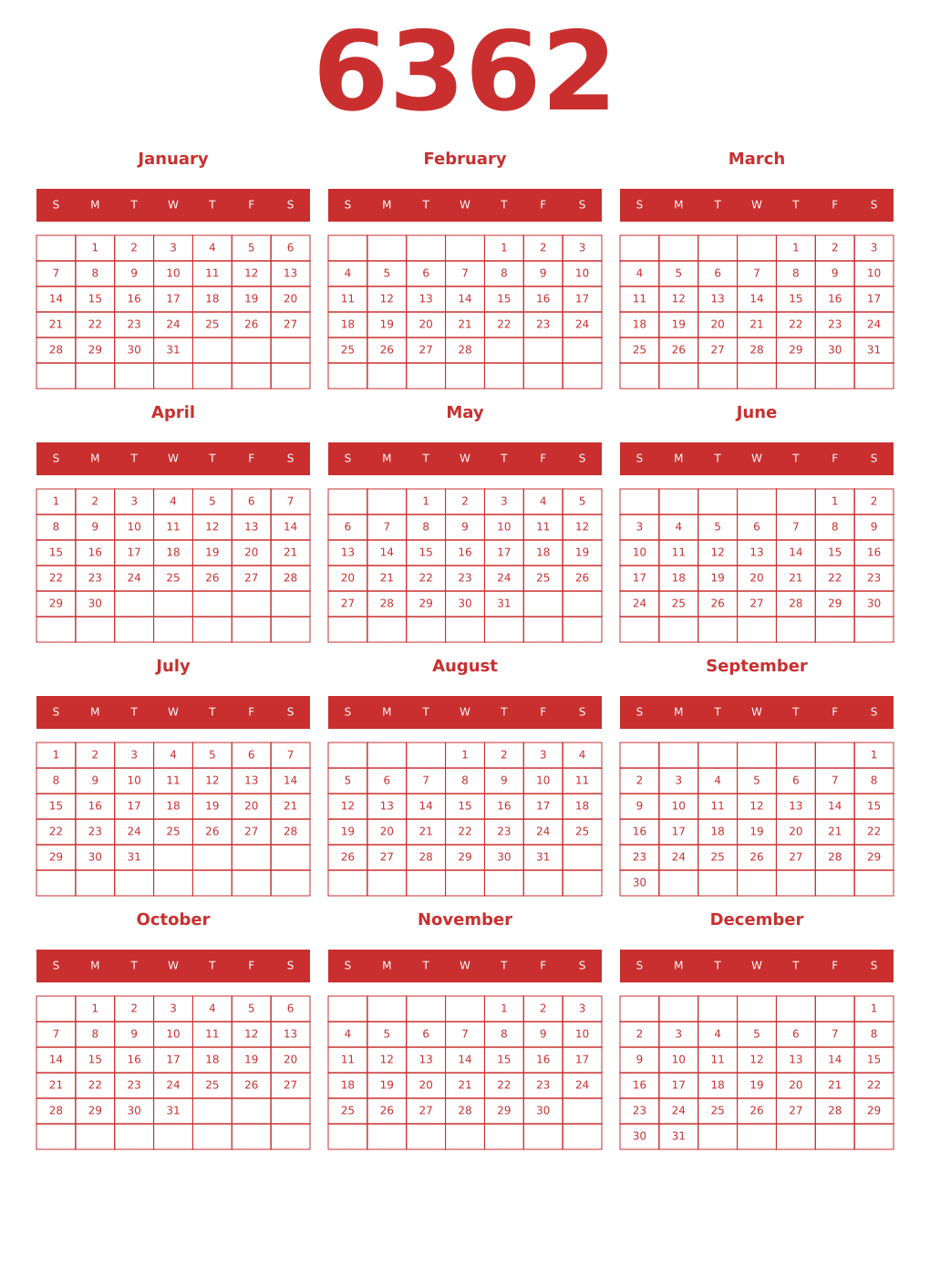 Printable 6362 Year Calendars red