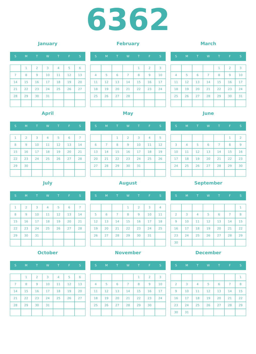 Printable 6362 Year Calendars verdigris