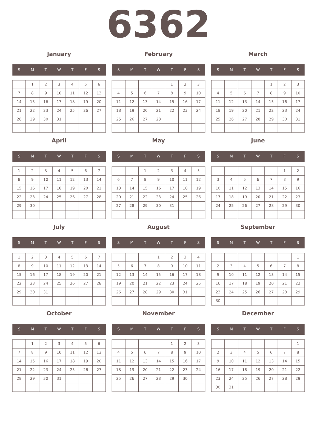 Printable 6362 Year Calendars wenge