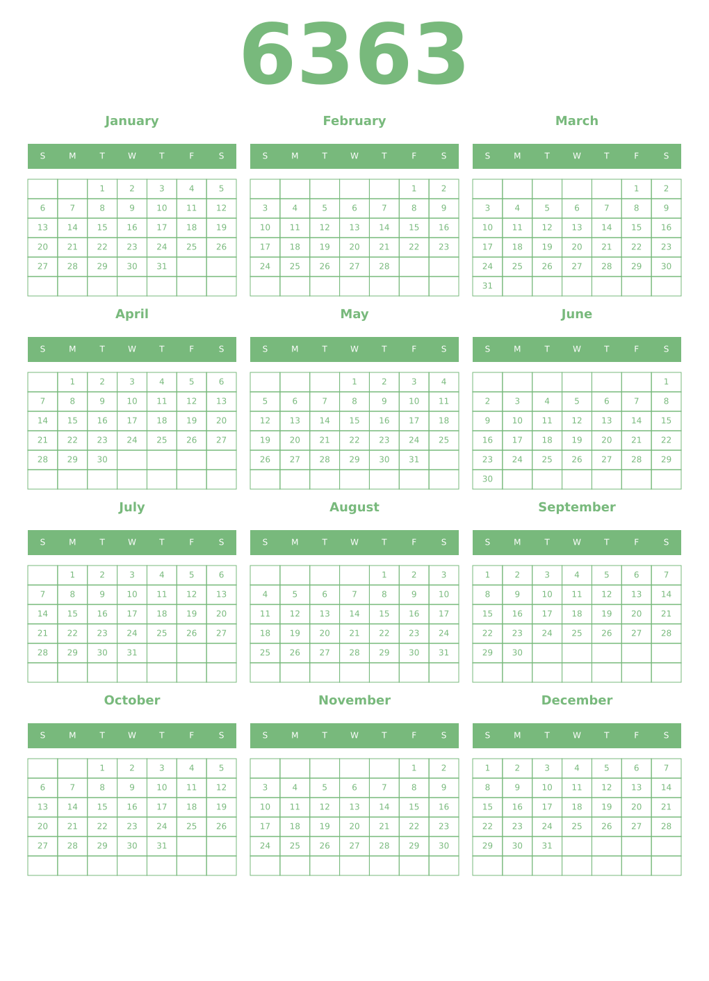 Printable 6363 Year Calendars celadon