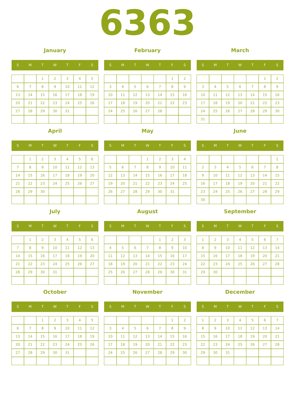 Printable 6363 Year Calendars chartreuse