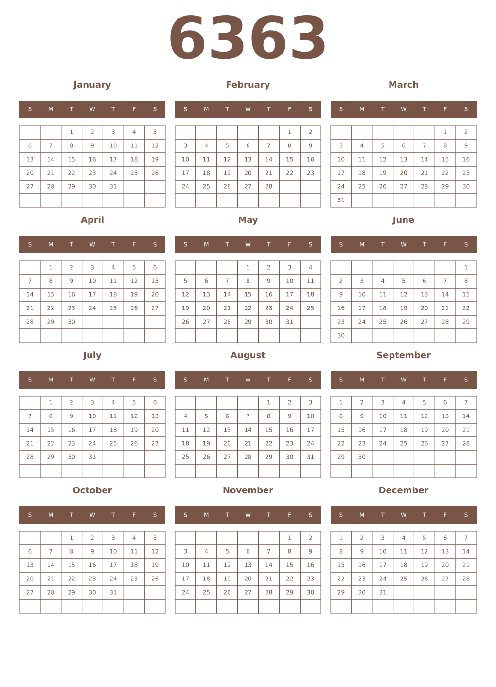 Printable 6363 Year Calendars coffe