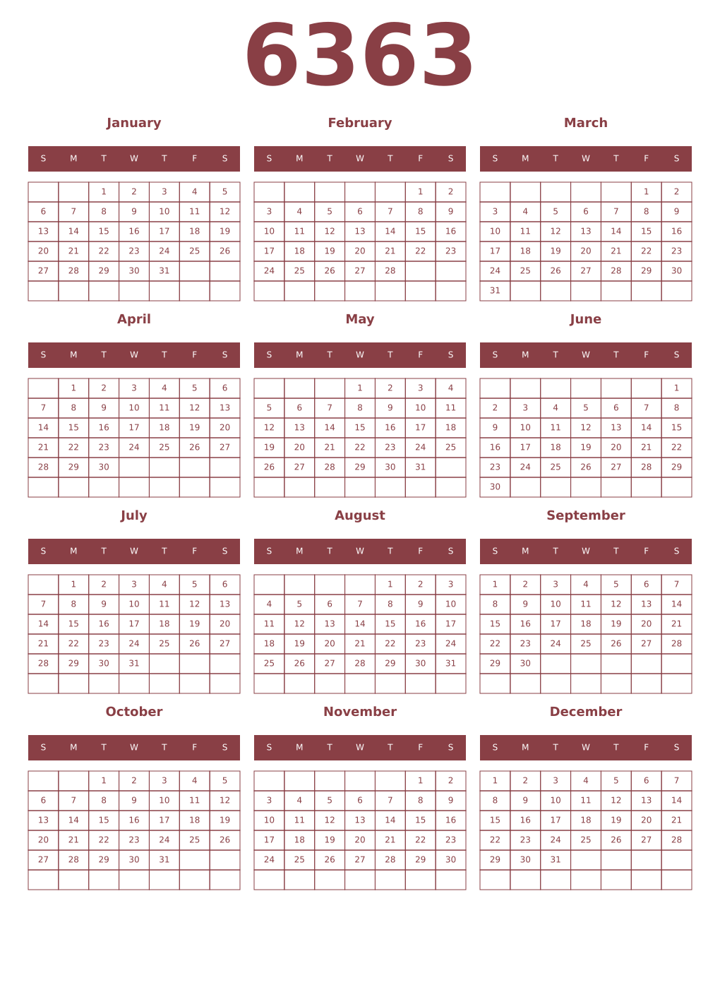 Printable 6363 Year Calendars cordovan