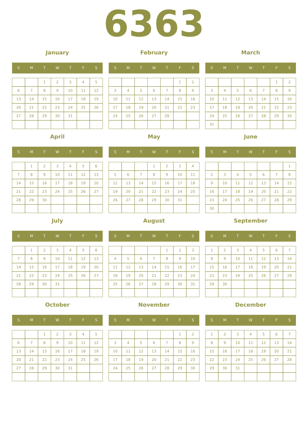 Printable 6363 Year Calendars eburnean