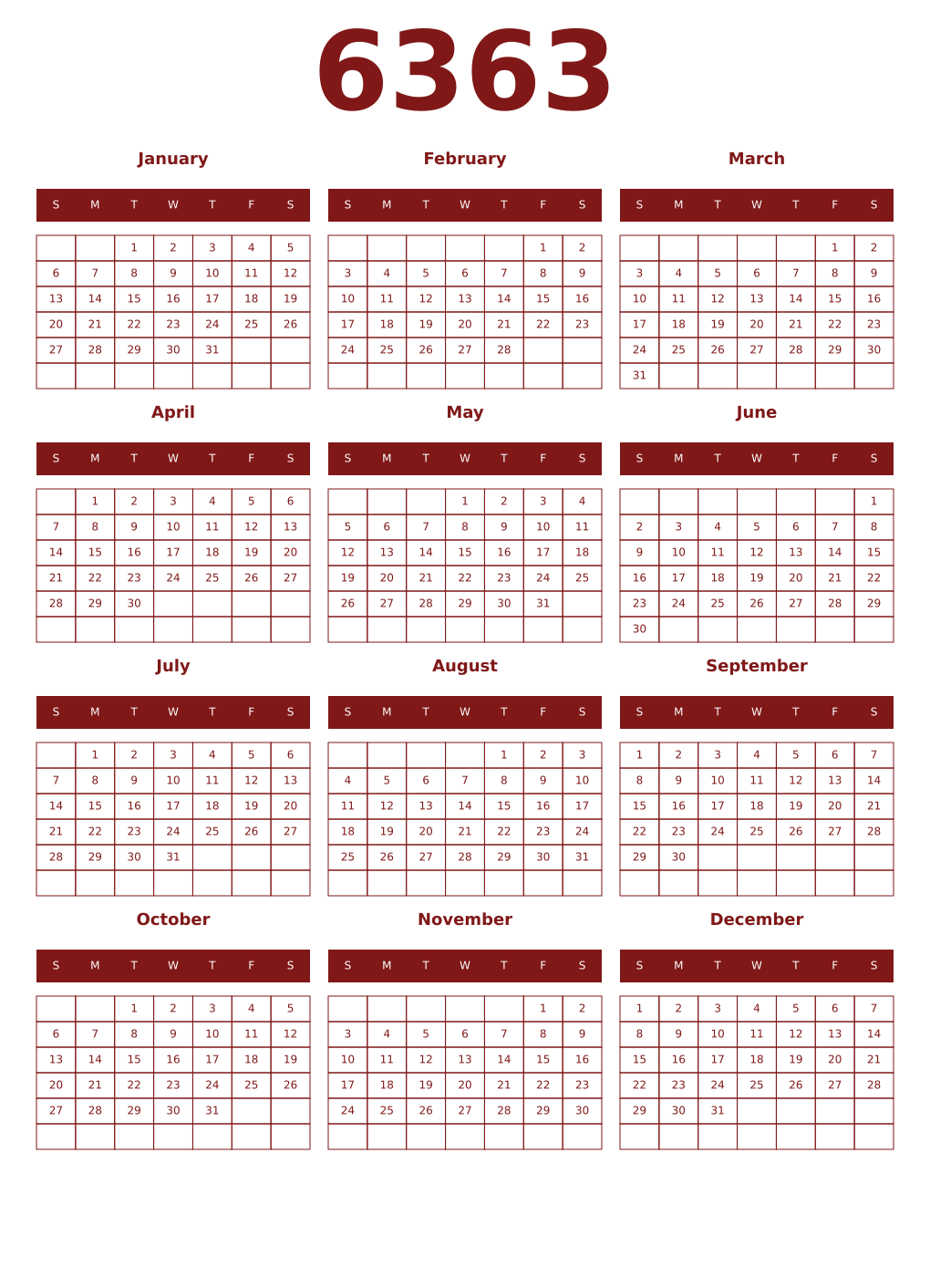 Printable 6363 Year Calendars falu