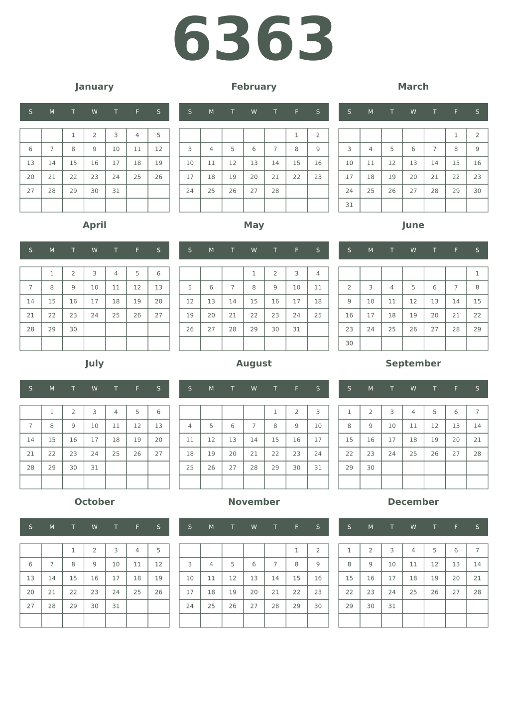 Printable 6363 Year Calendars feldgrau