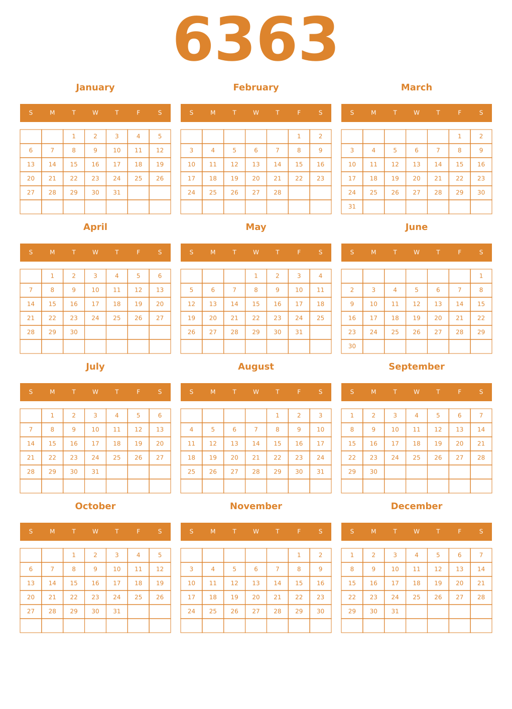 Printable 6363 Year Calendars orange