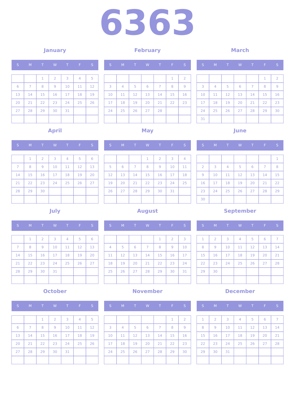 Printable 6363 Year Calendars periwinkle