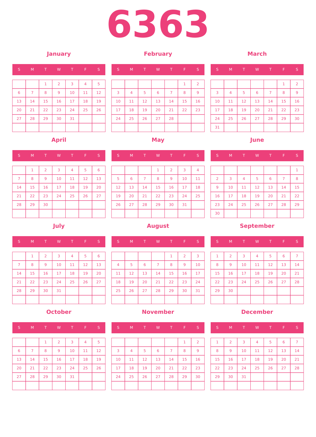 Printable 6363 Year Calendars pink