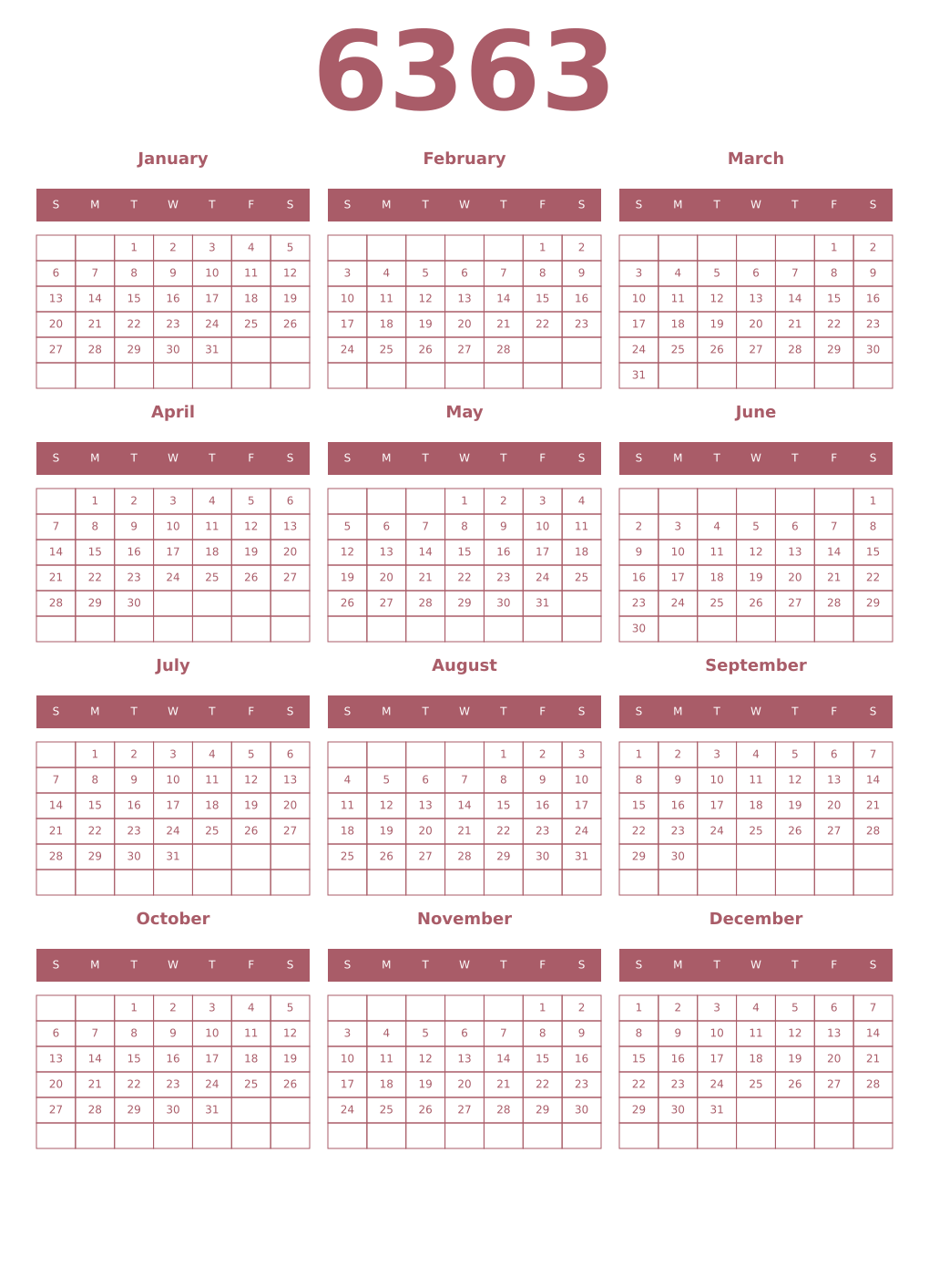 Printable 6363 Year Calendars puce