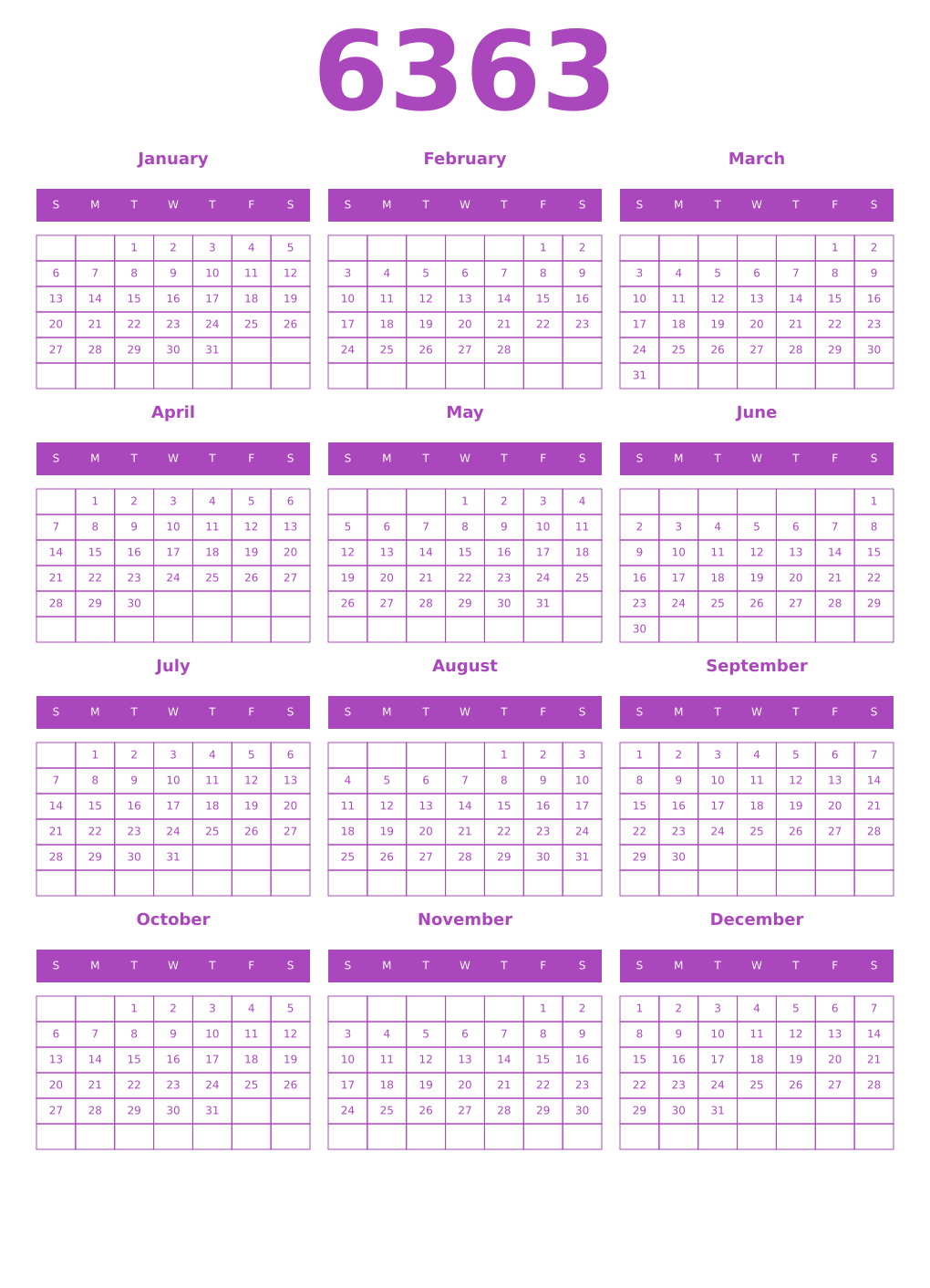 Printable 6363 Year Calendars purple