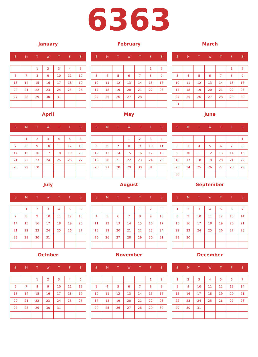 Printable 6363 Year Calendars red