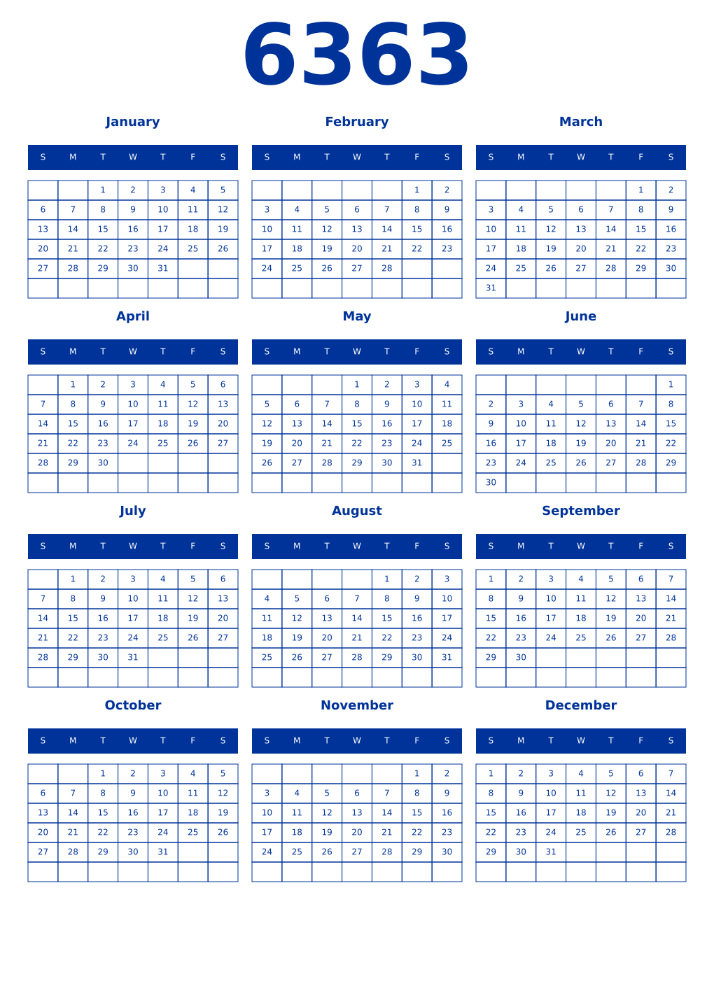Printable 6363 Year Calendars smalt