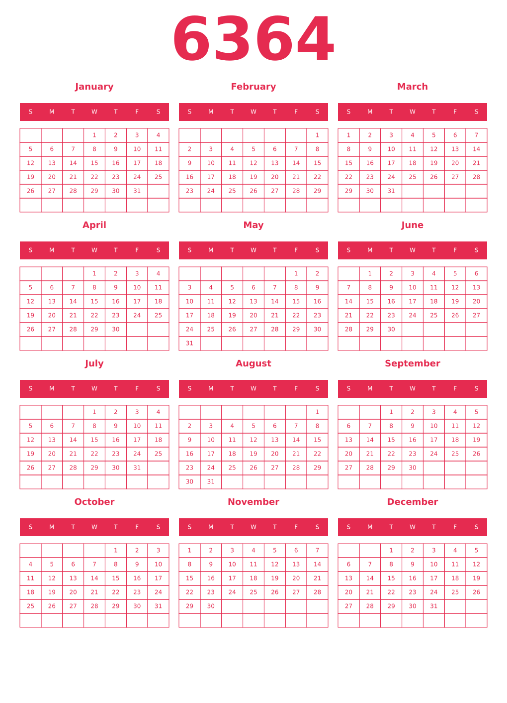 Printable 6364 Year Calendars amaranth
