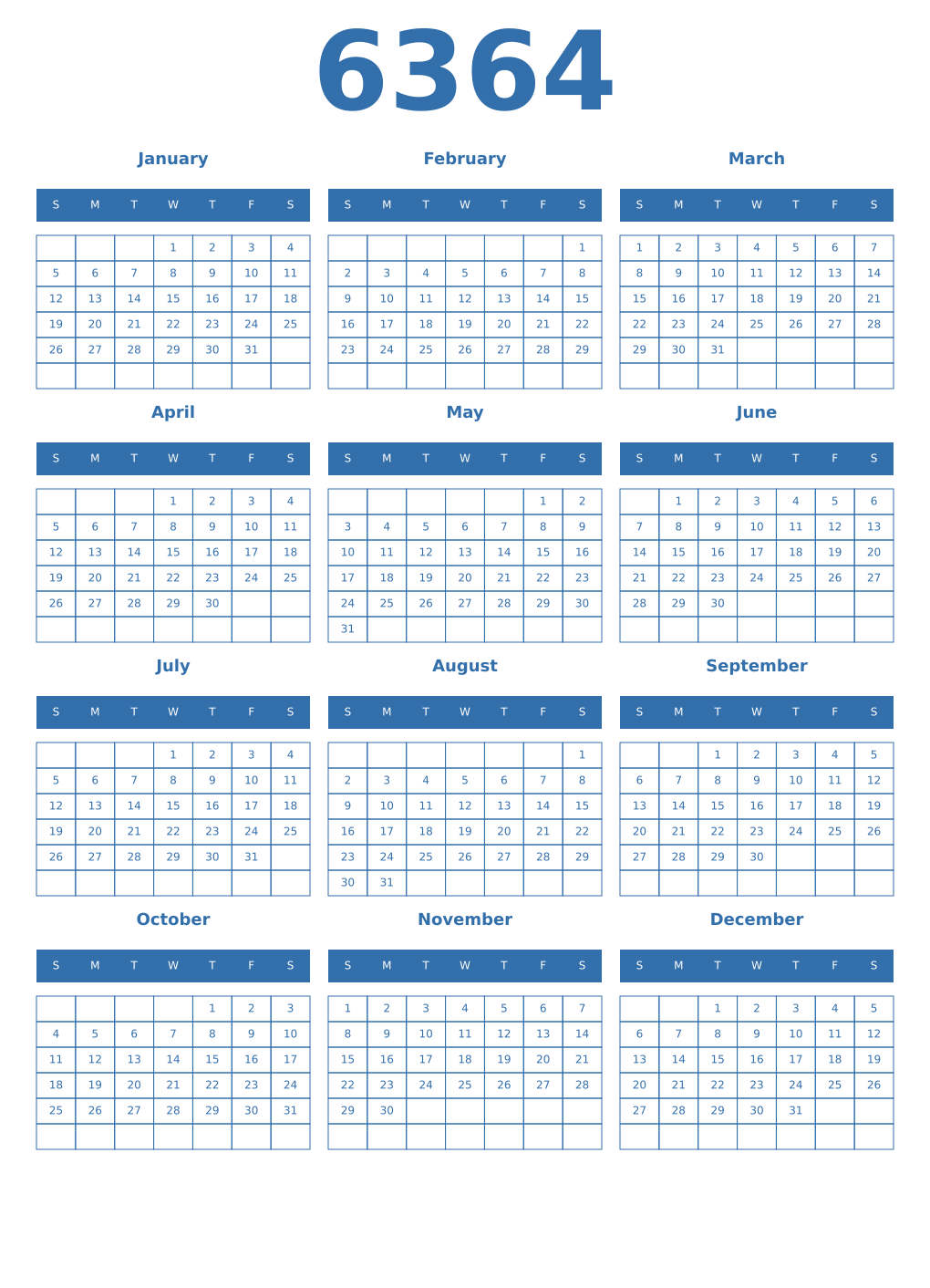 Printable 6364 Year Calendars blue