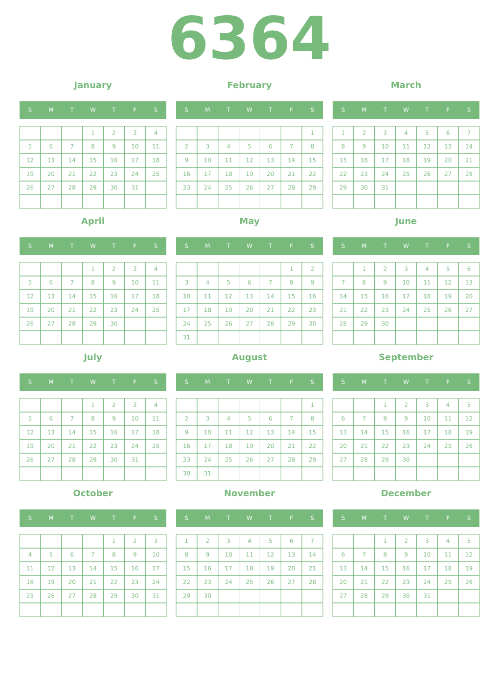 Printable 6364 Year Calendars celadon