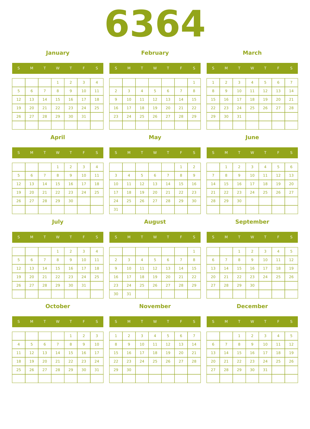 Printable 6364 Year Calendars chartreuse
