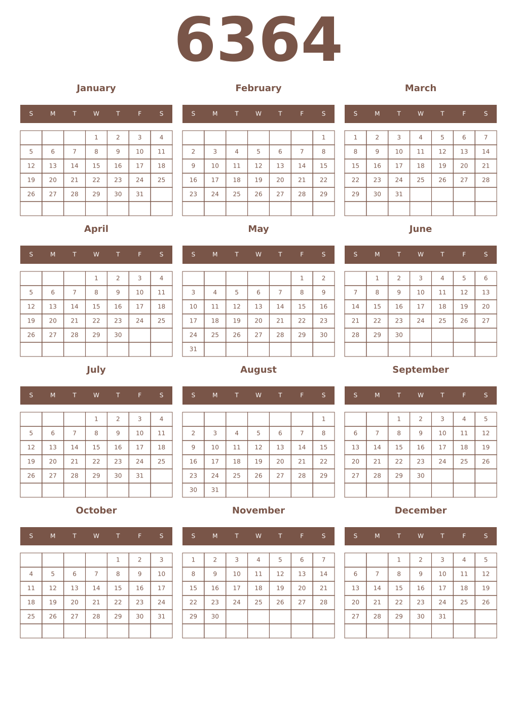 Printable 6364 Year Calendars coffe