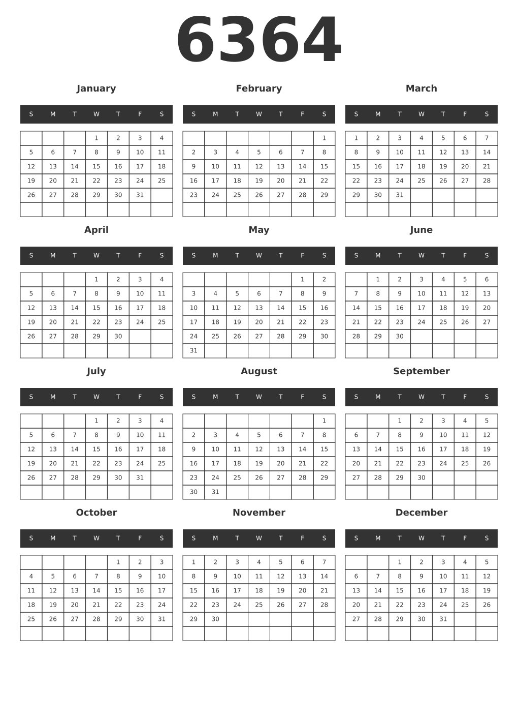 Printable 6364 Year Calendars dark