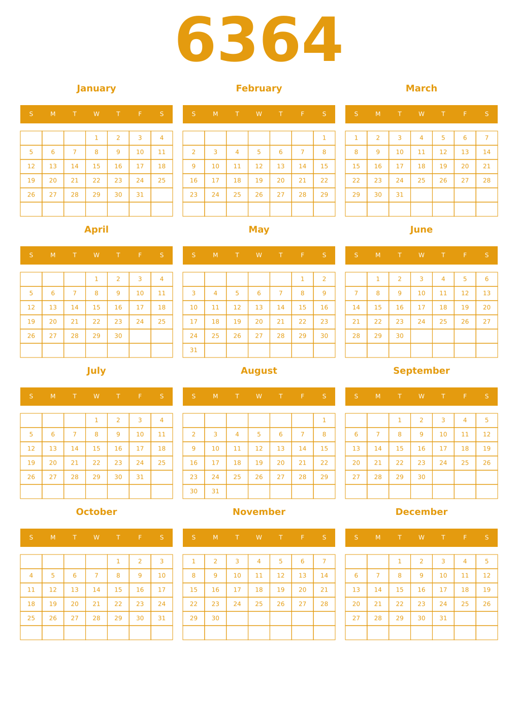 Printable 6364 Year Calendars gamboge