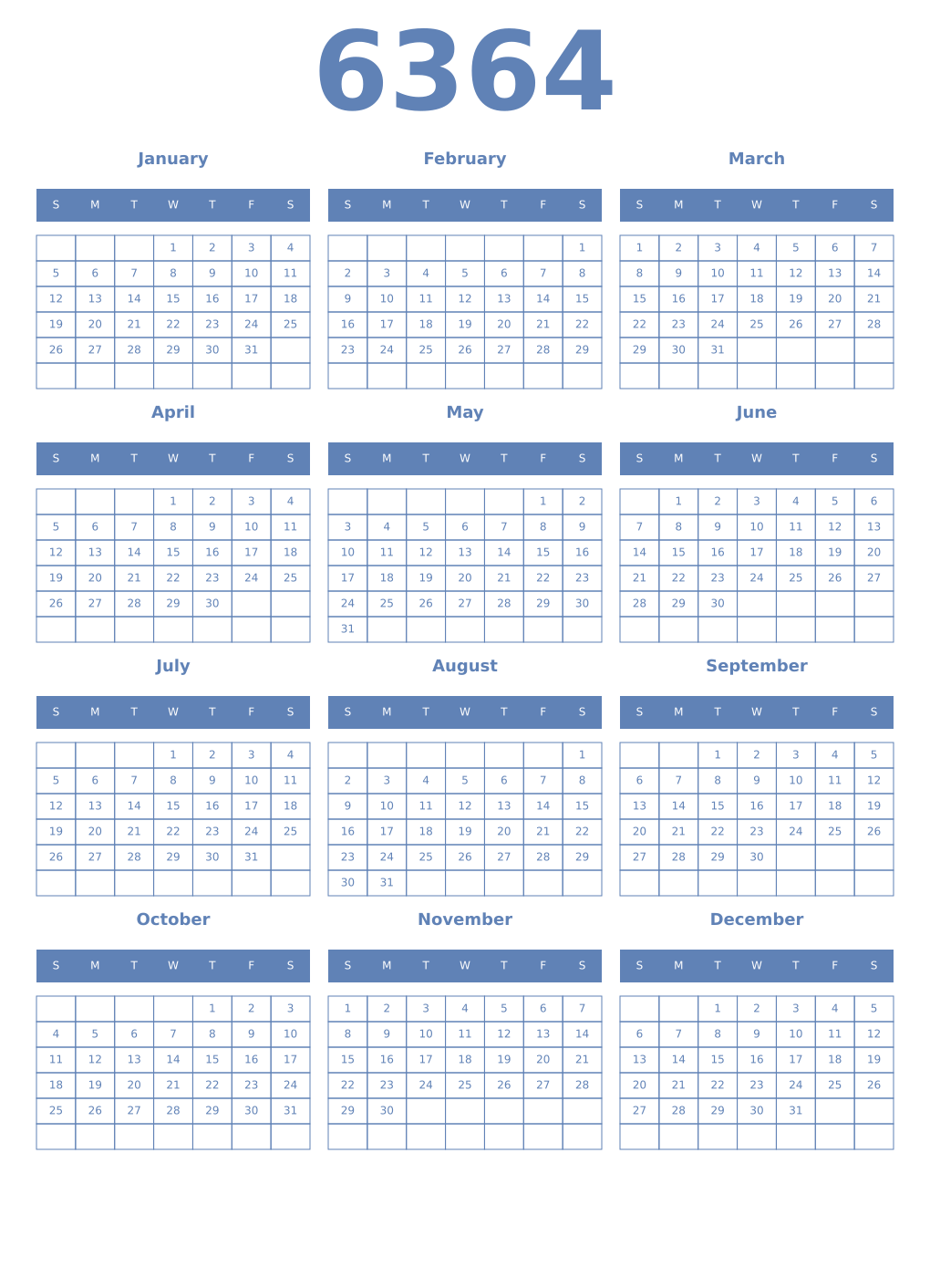 Printable 6364 Year Calendars glaucous