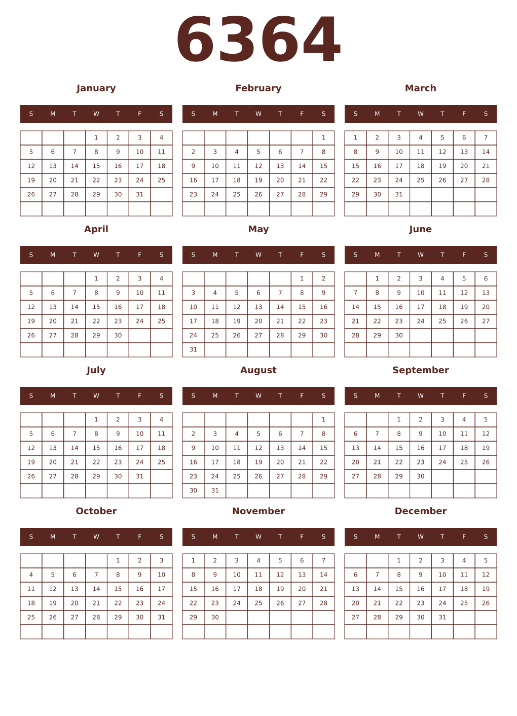 Printable 6364 Year Calendars mortuum