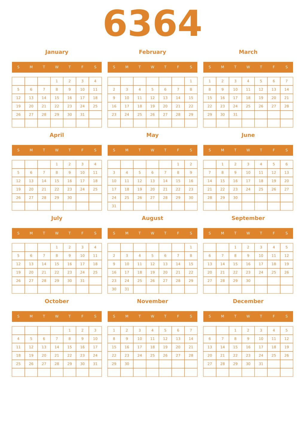 Printable 6364 Year Calendars orange