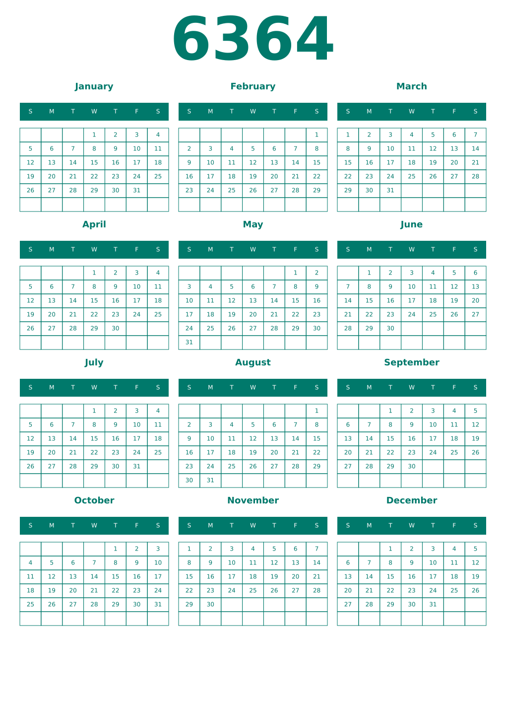 Printable 6364 Year Calendars pastel