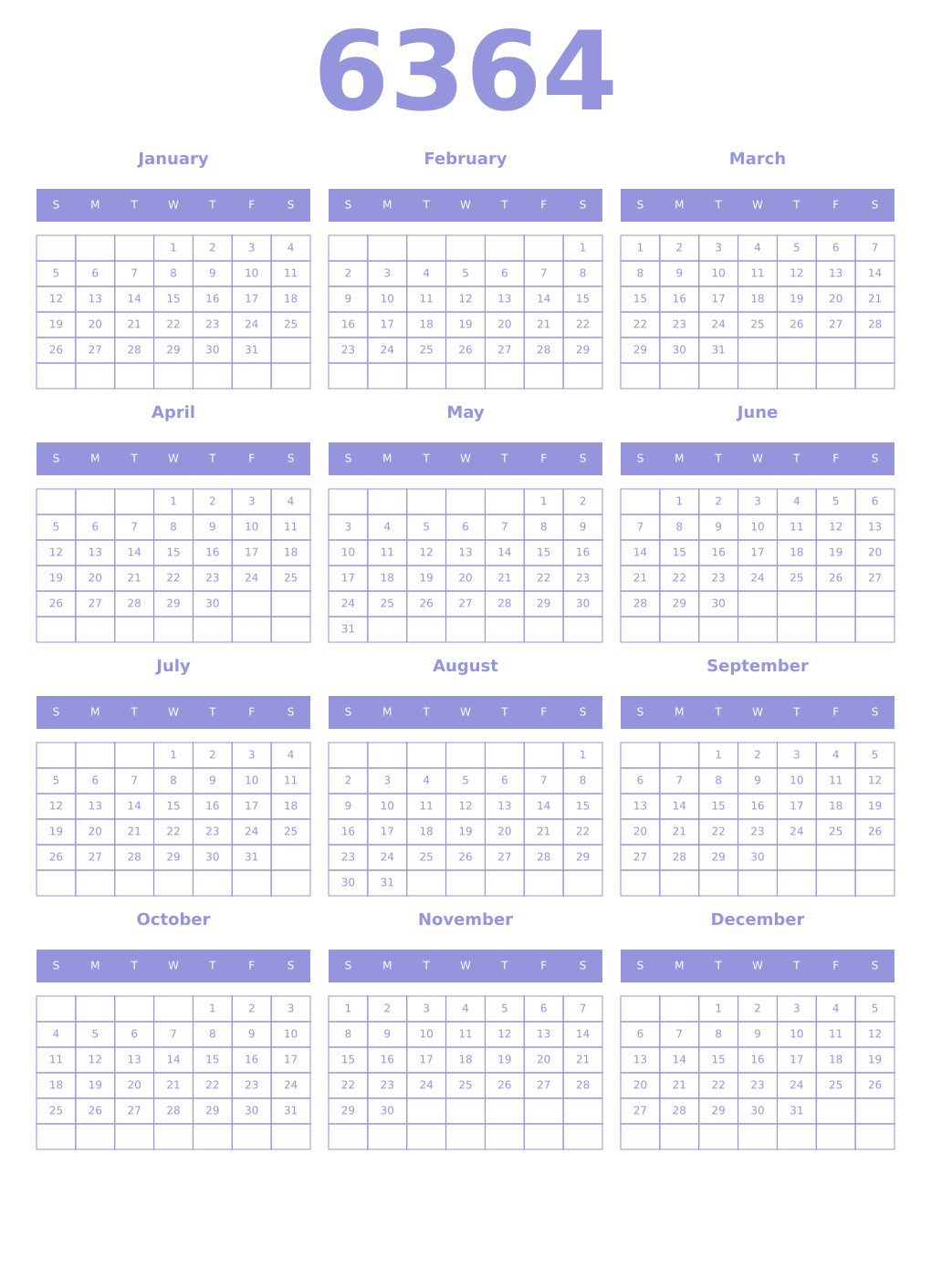Printable 6364 Year Calendars periwinkle