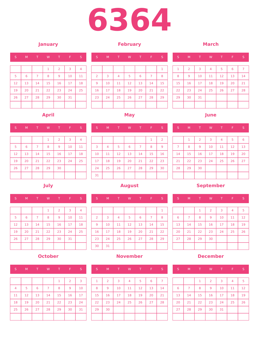 Printable 6364 Year Calendars pink