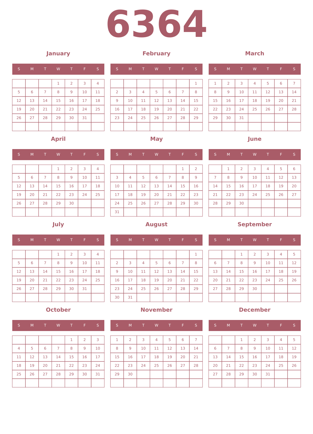 Printable 6364 Year Calendars puce