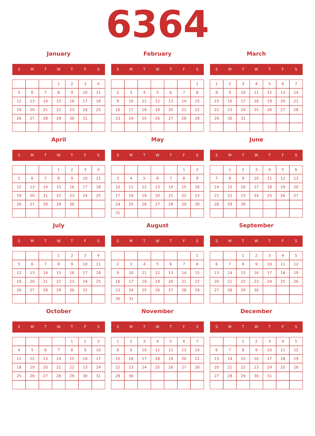 Printable 6364 Year Calendars red