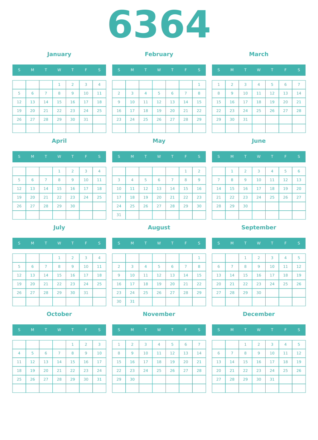Printable 6364 Year Calendars verdigris