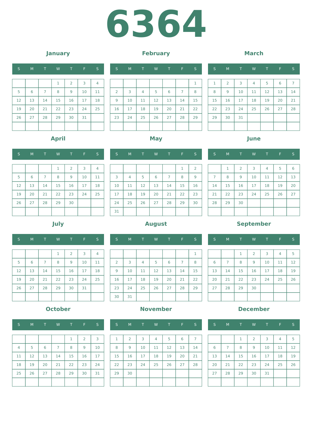 Printable 6364 Year Calendars viridian