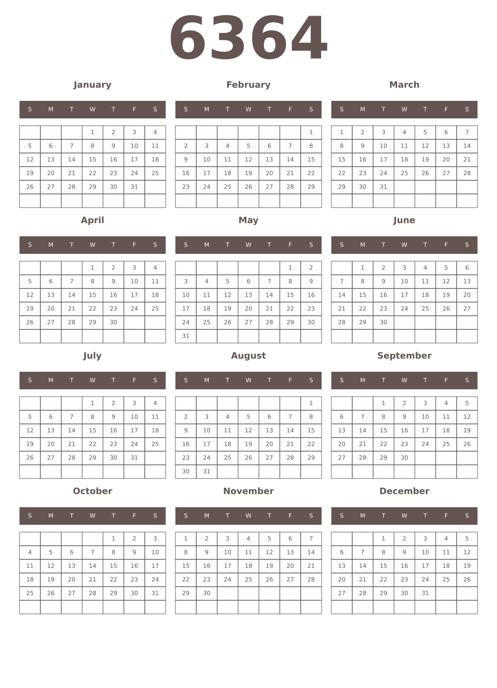 Printable 6364 Year Calendars wenge