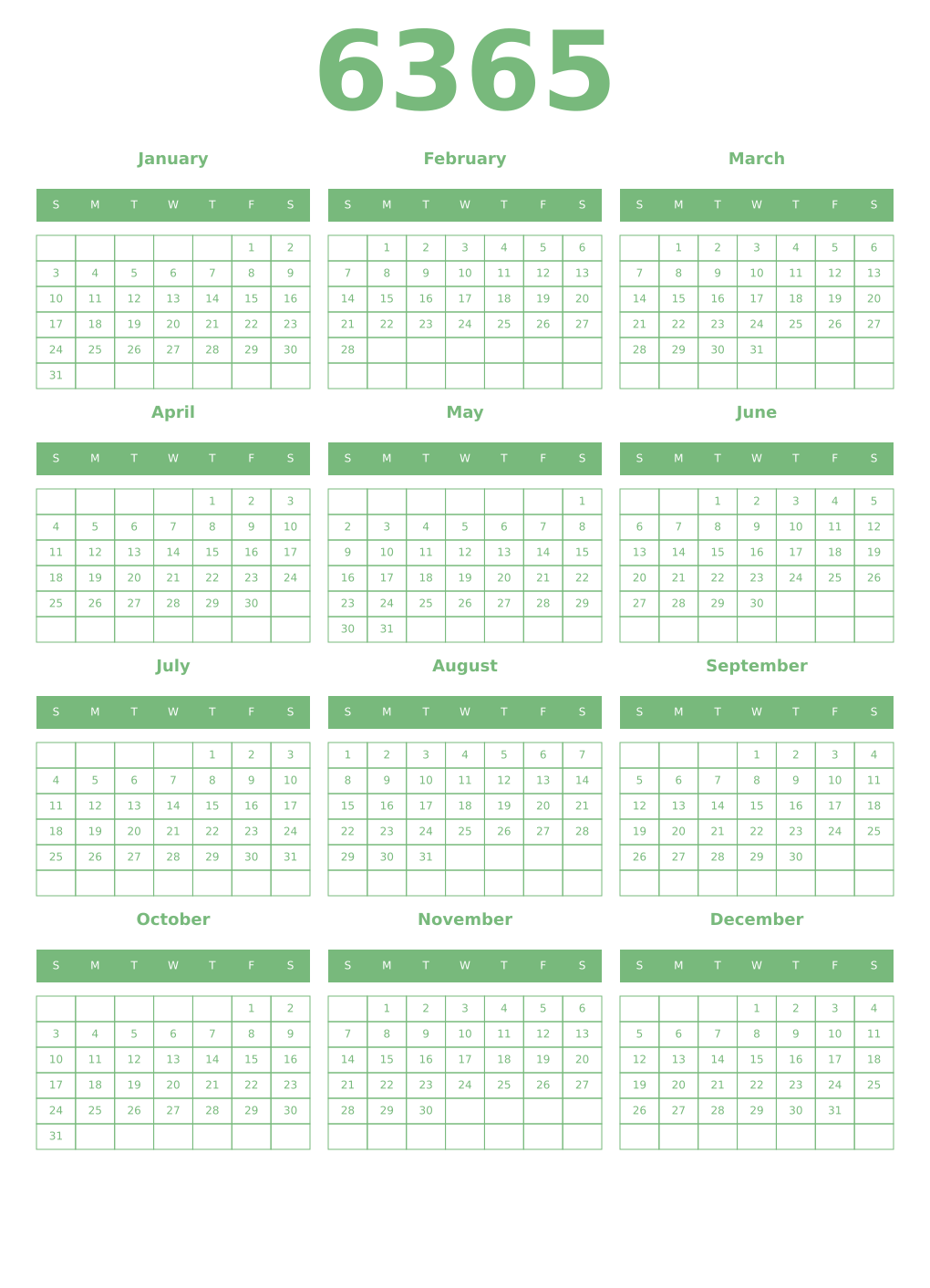 Printable 6365 Year Calendars celadon