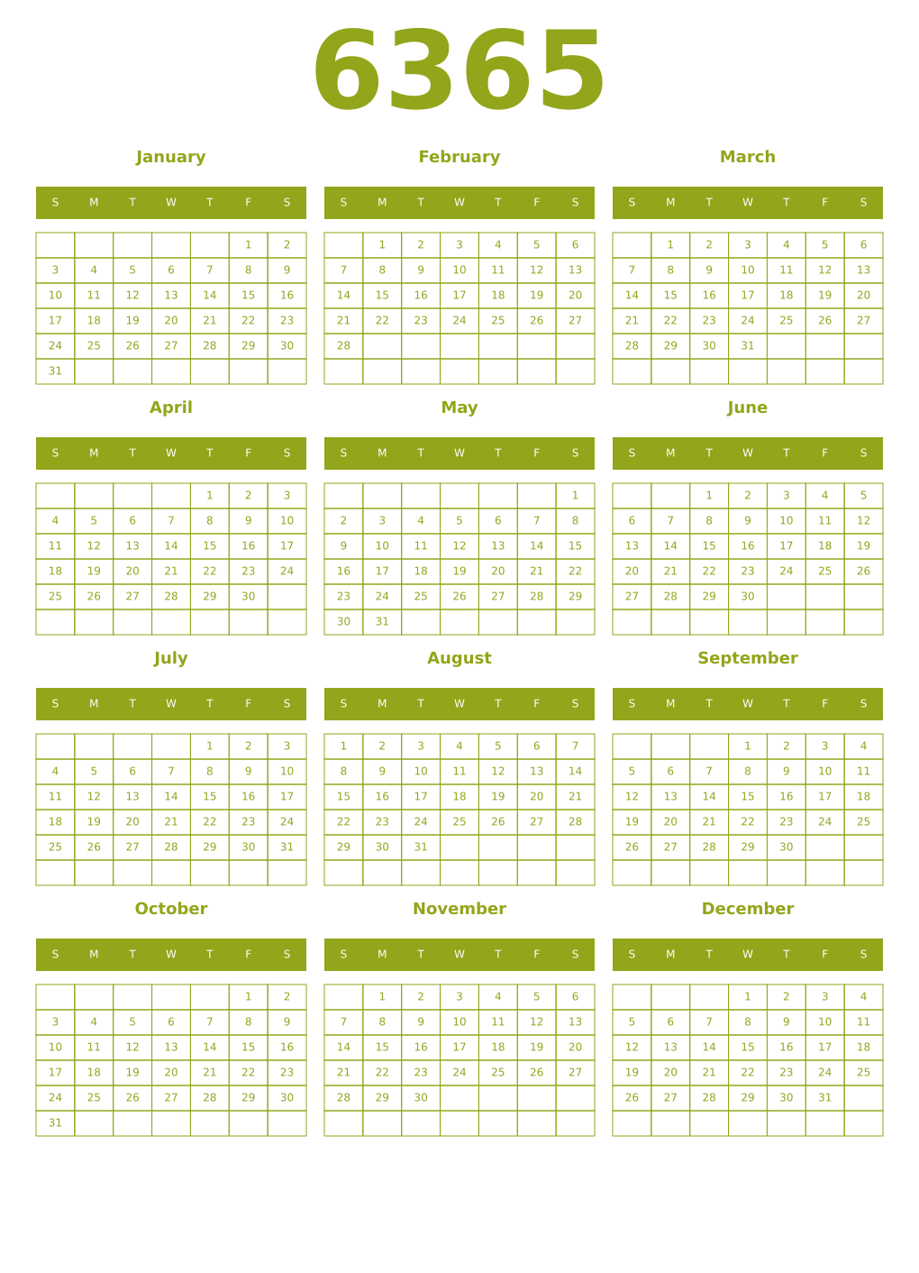 Printable 6365 Year Calendars chartreuse