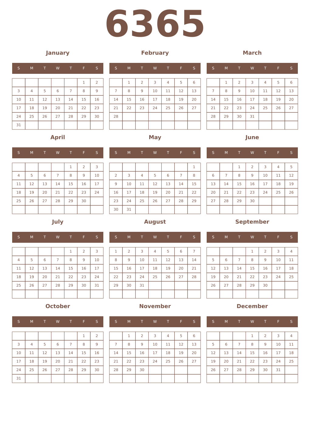 Printable 6365 Year Calendars coffe
