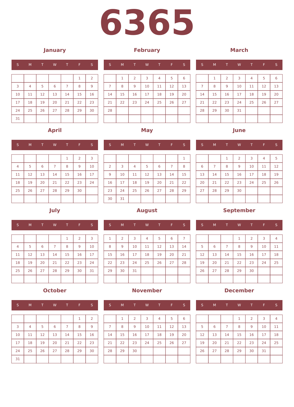 Printable 6365 Year Calendars cordovan