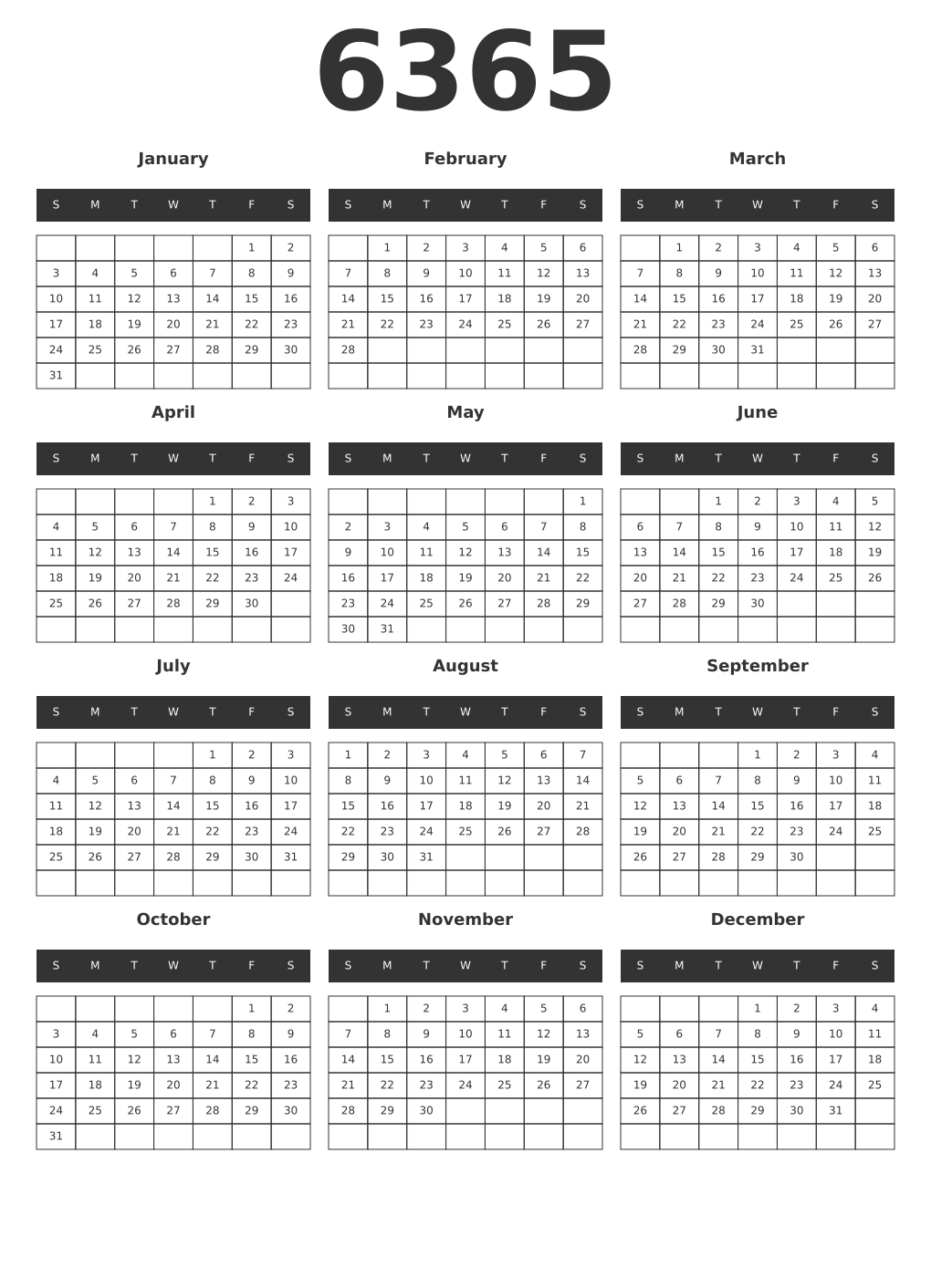 Printable 6365 Year Calendars dark