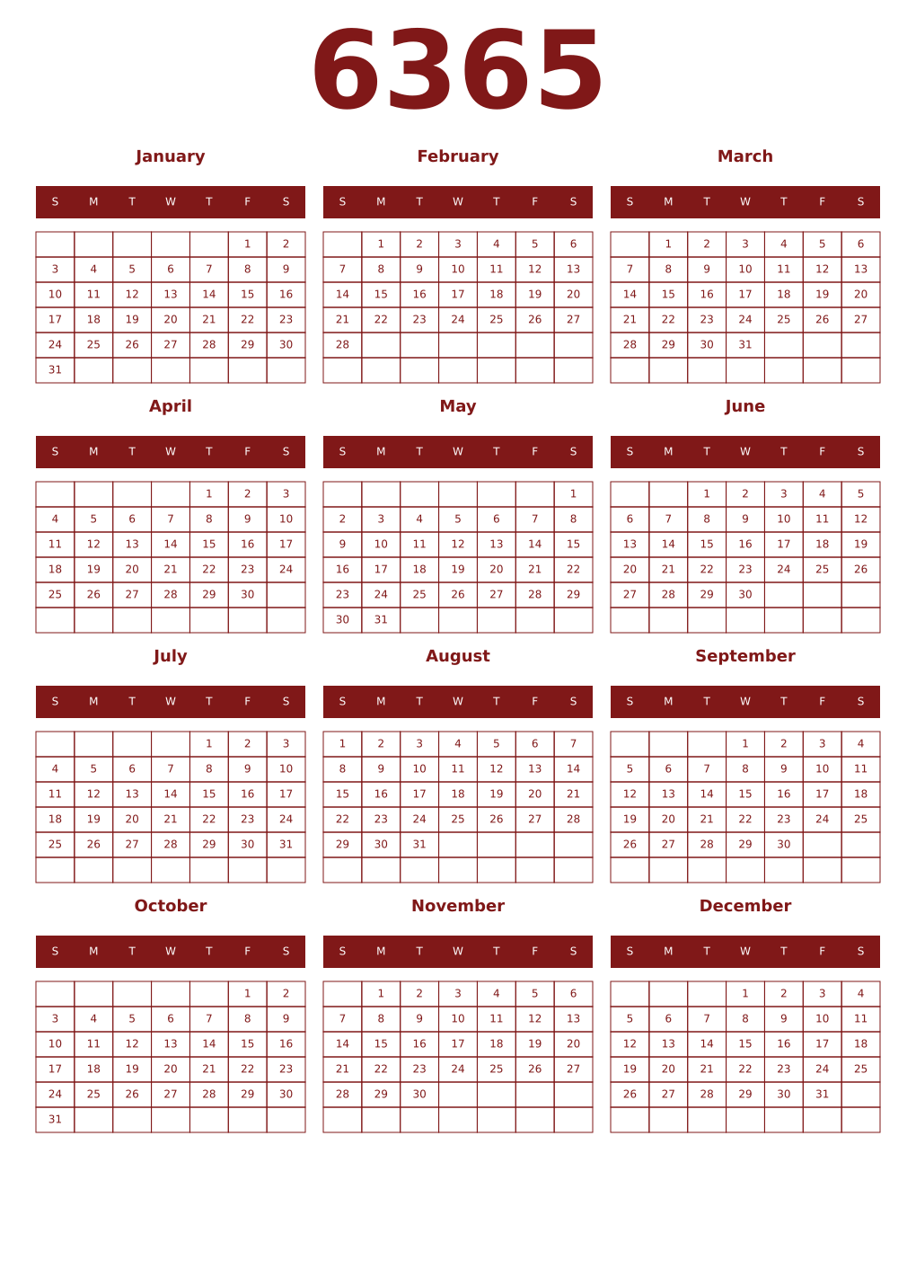 Printable 6365 Year Calendars falu