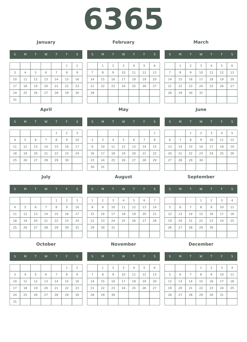 Printable 6365 Year Calendars feldgrau