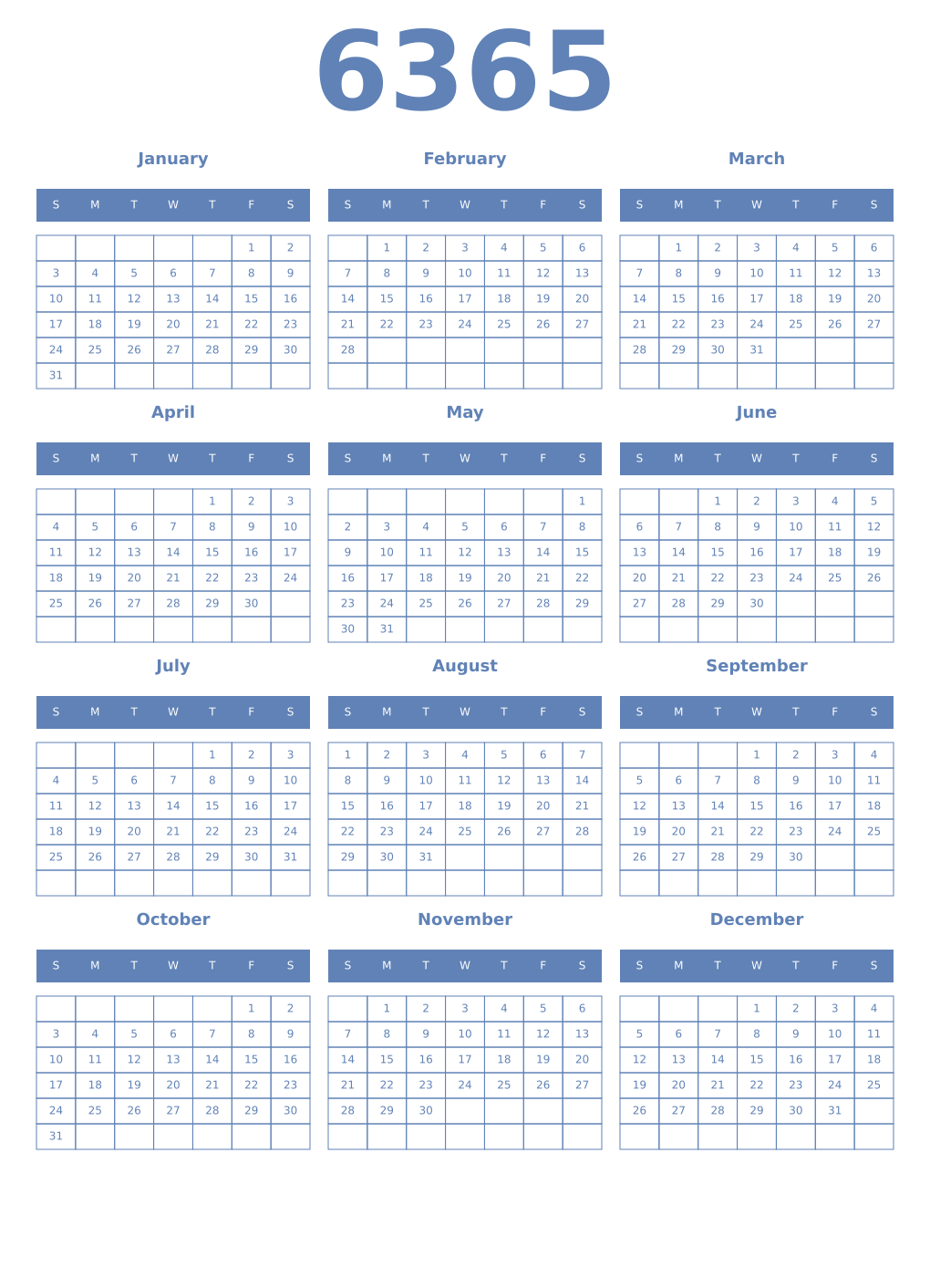 Printable 6365 Year Calendars glaucous