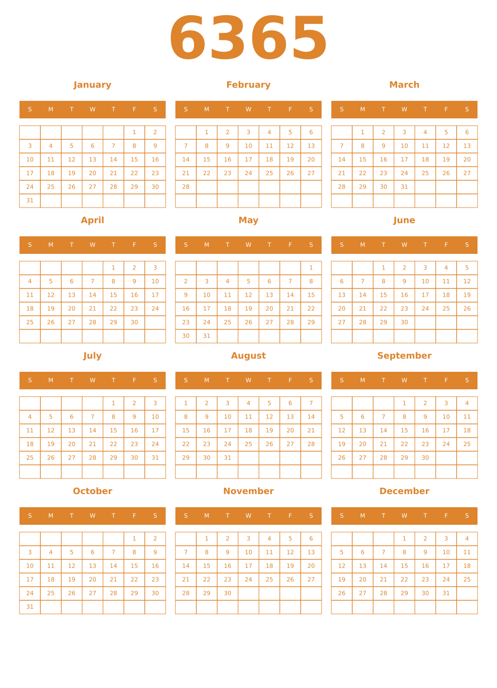 Printable 6365 Year Calendars orange