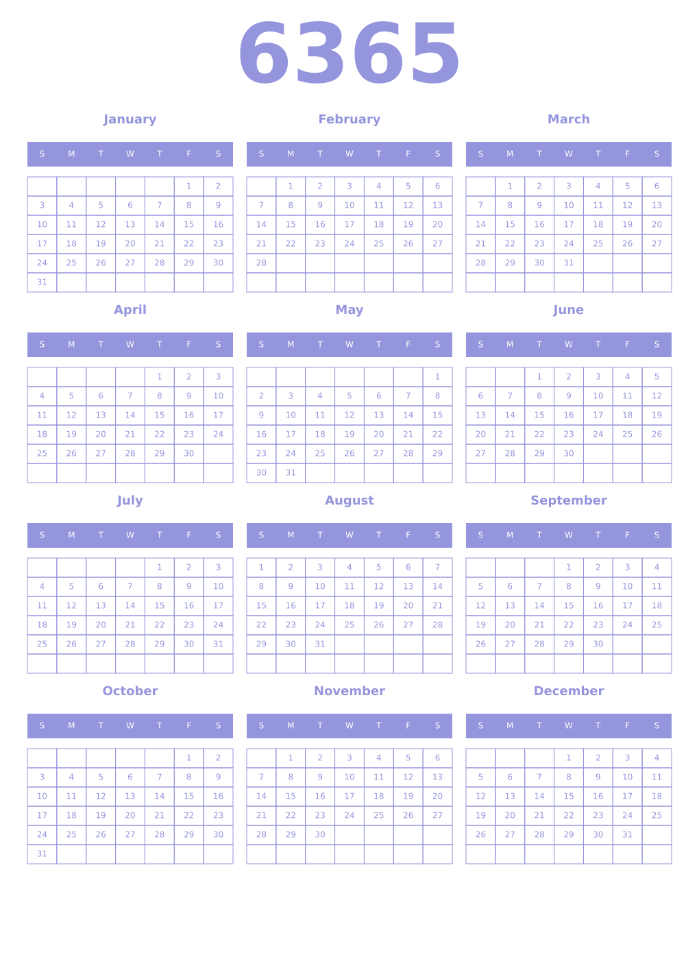 Printable 6365 Year Calendars periwinkle