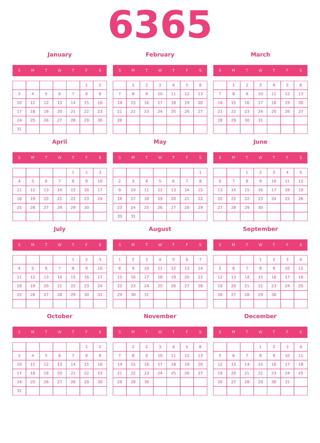 Printable 6365 Year Calendars pink