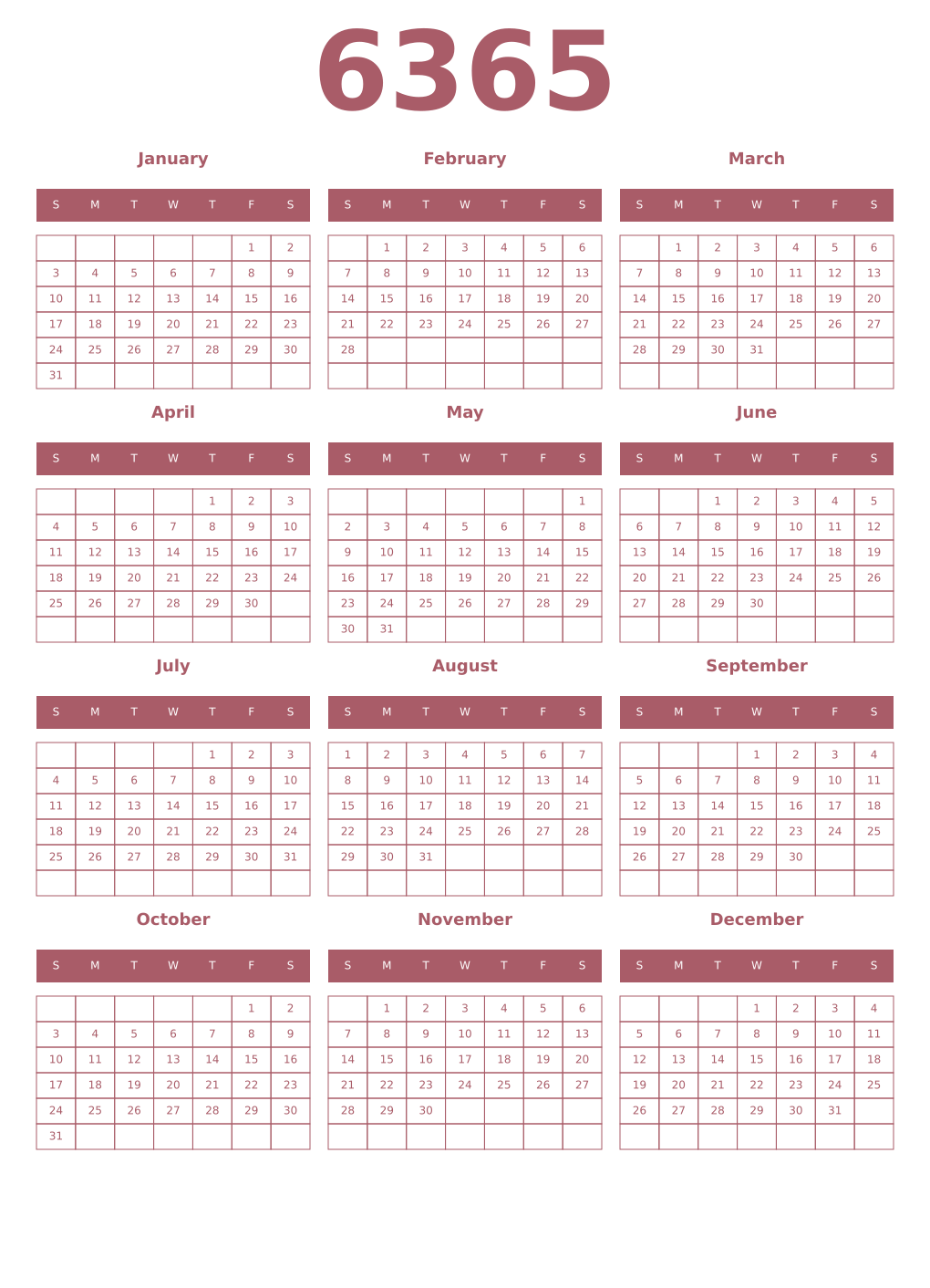 Printable 6365 Year Calendars puce