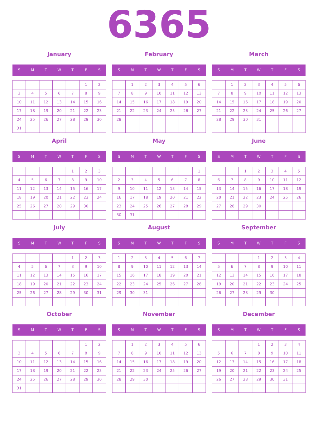 Printable 6365 Year Calendars purple