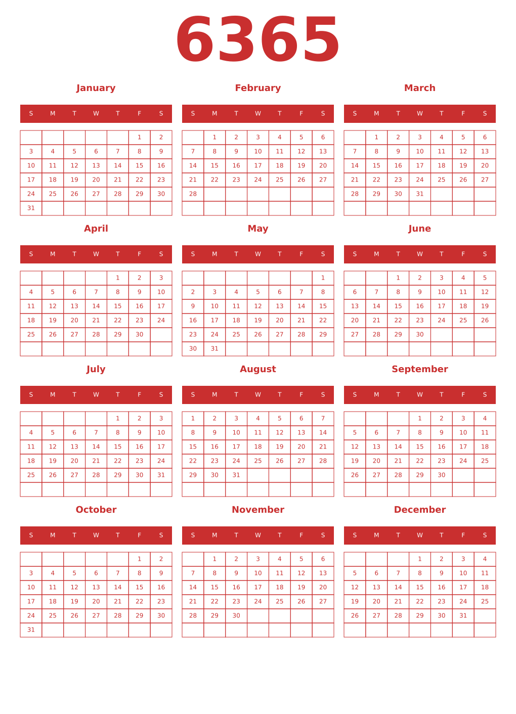 Printable 6365 Year Calendars red